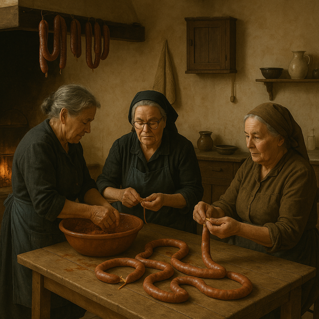 Mujeres mayores haciendo la matanza tradicional de la mancha