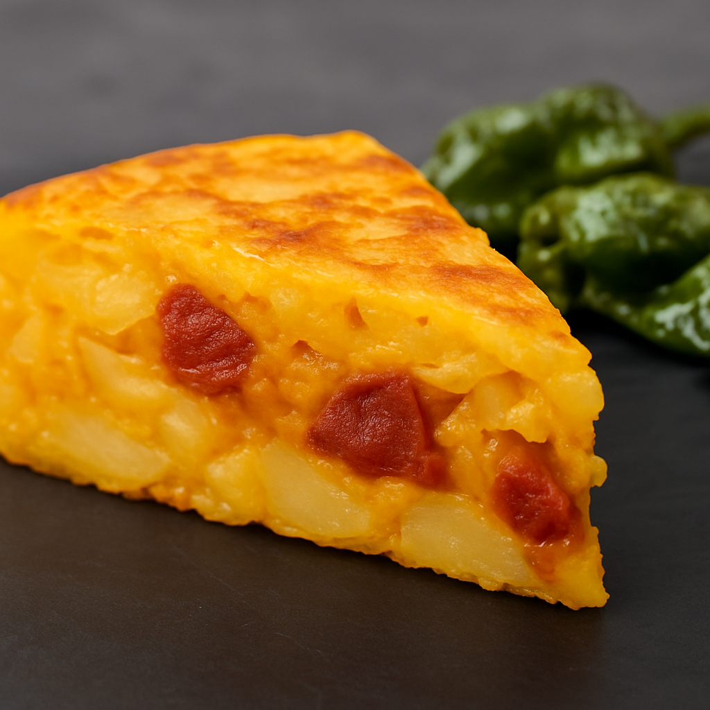 "Pincho de tortilla española con chorizo manchego y patatas, acompañado de pimientos fritos, sobre plato rústico."
