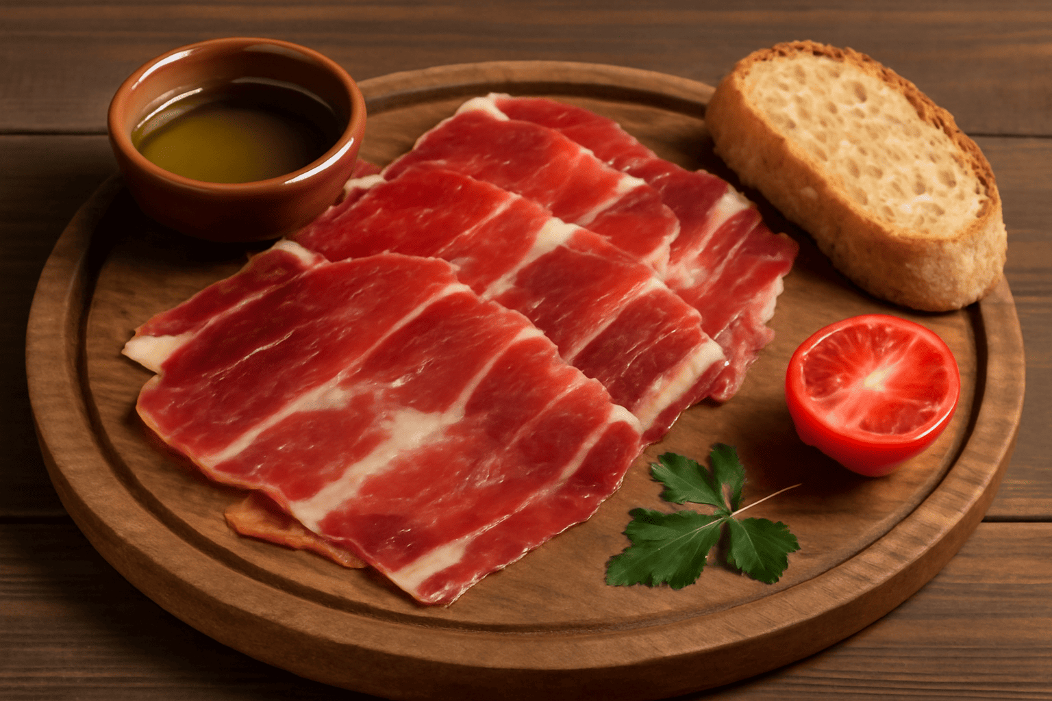Jamón bodega reserva cortado en finas lonchas sobre tabla de madera
