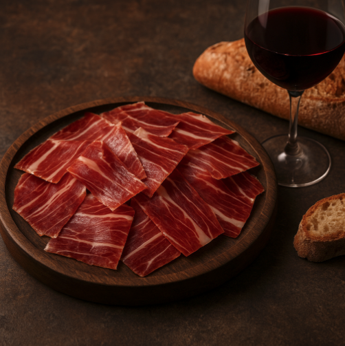 JJamón ibérico Montesano cortado en lonchas sobre tabla de madera