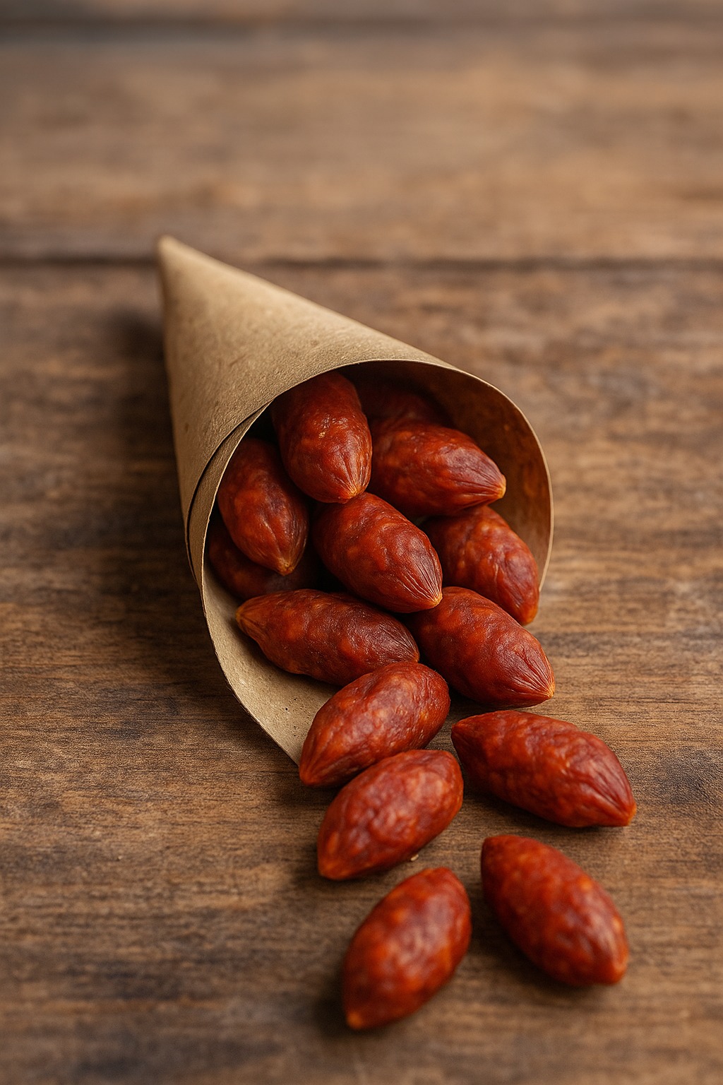 minis snack de chorizo en cono de papel