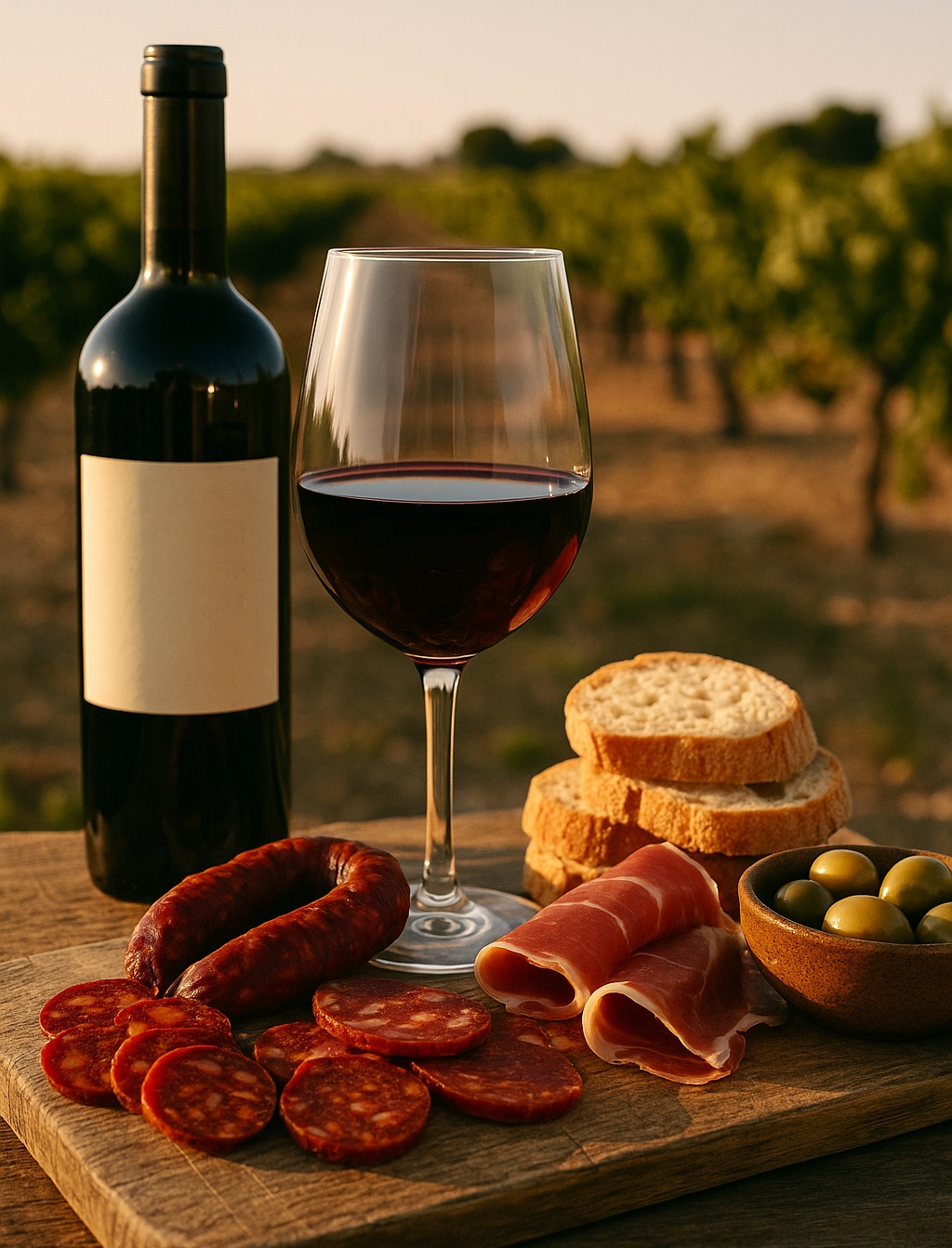 viñedo de fondo con una botella de vino, copa y embutidos sobre mesa de madera