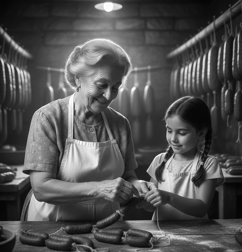 "Abuela enseñando a su nieta la receta tradicional de embutidos en una cueva de curación en Tomelloso."