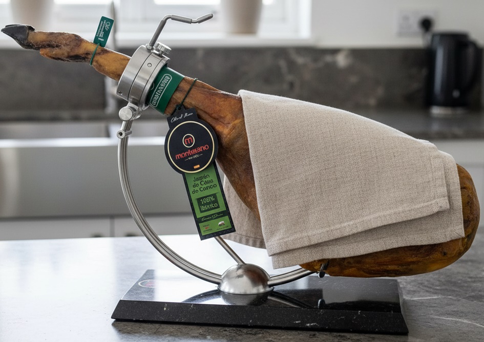 jamón ibérico Montesano tapado con un trapo de algodón en un jamonero