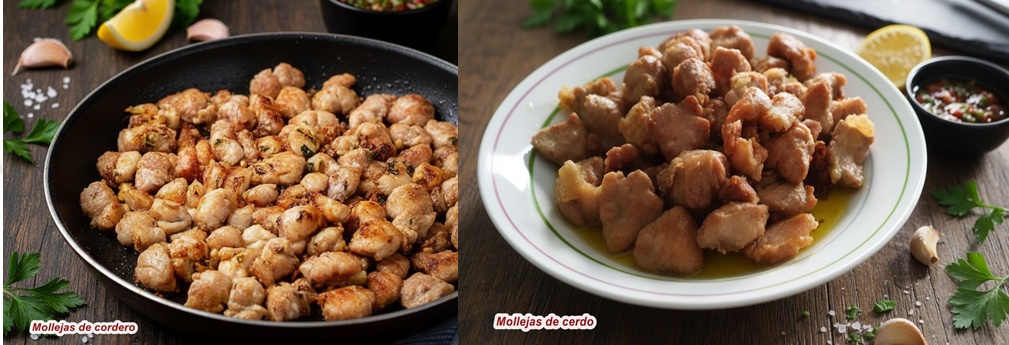 mollejas de cordero en sartén y mollejas de cerdo plato
