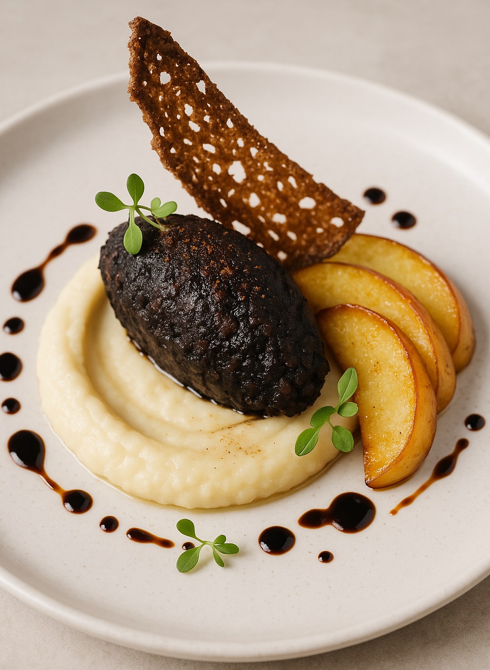 Plato gourmet con morcilla manchega de Embutidos Castro, puré de apionabo, manzana asada y crujiente de pan, presentado con estilo de alta cocina.