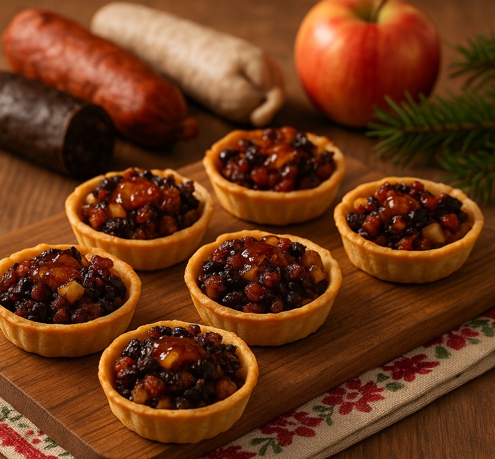 Tartaletas navideñas rellenas de chorizo, morcilla y salchicha sobre tabla de madera, con ambiente festivo.