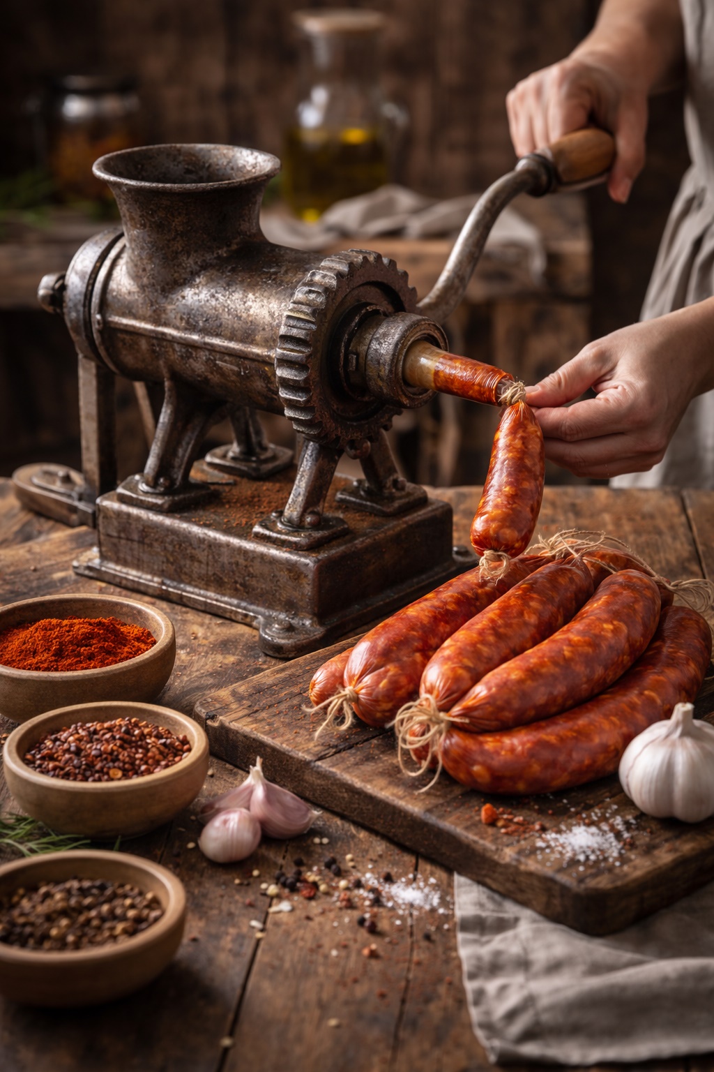 Embutidora antigua de hierro utilizada para hacer chorizo casero tradicional.
