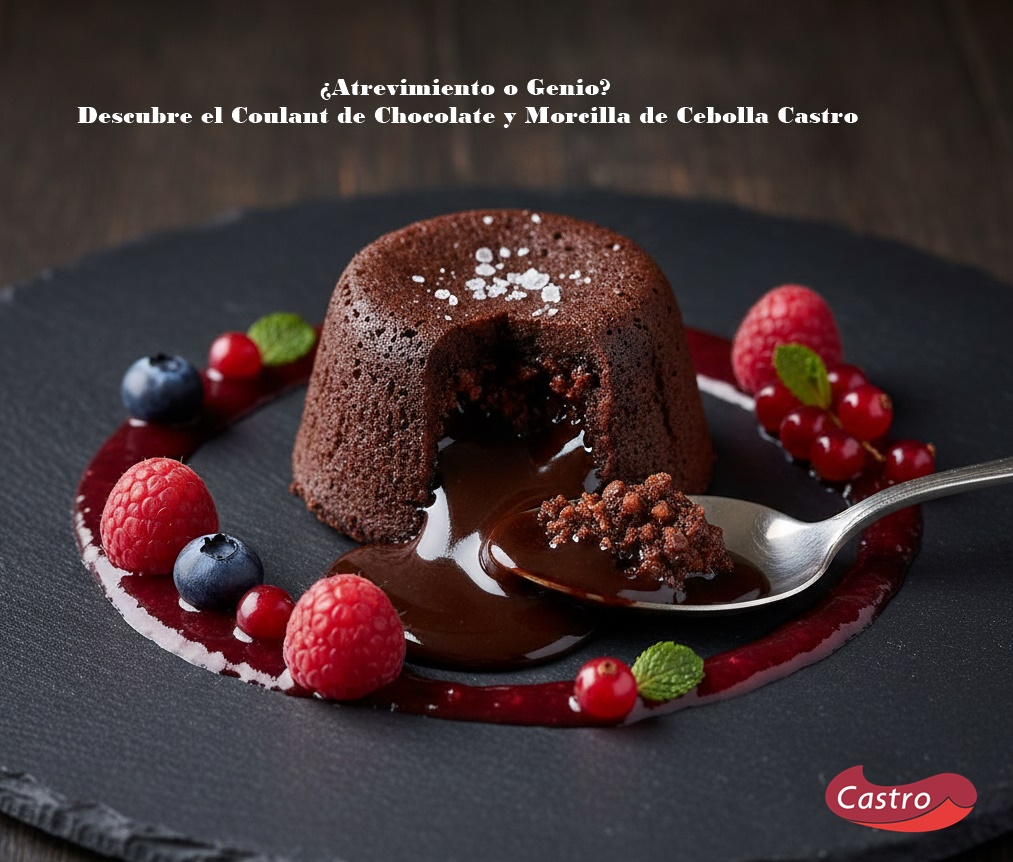 Coulant de chocolate negro con corazón de morcilla de cebolla Embutidos Castro.