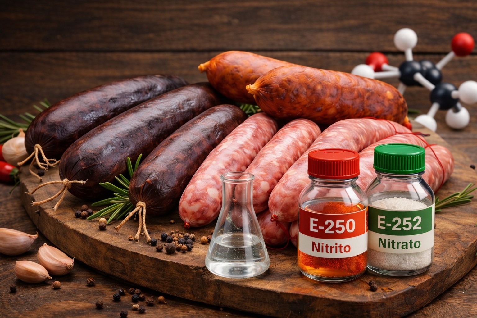 Embutidos tradicionales con chorizo, salchichas y morcilla sobre tabla de madera, ingredientes naturales como ajo, romero y especias.