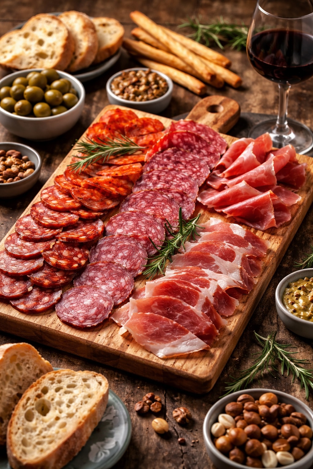 Tabla de embutidos con chorizo, salchichón y jamón curado presentada con pan rústico y aceitunas.