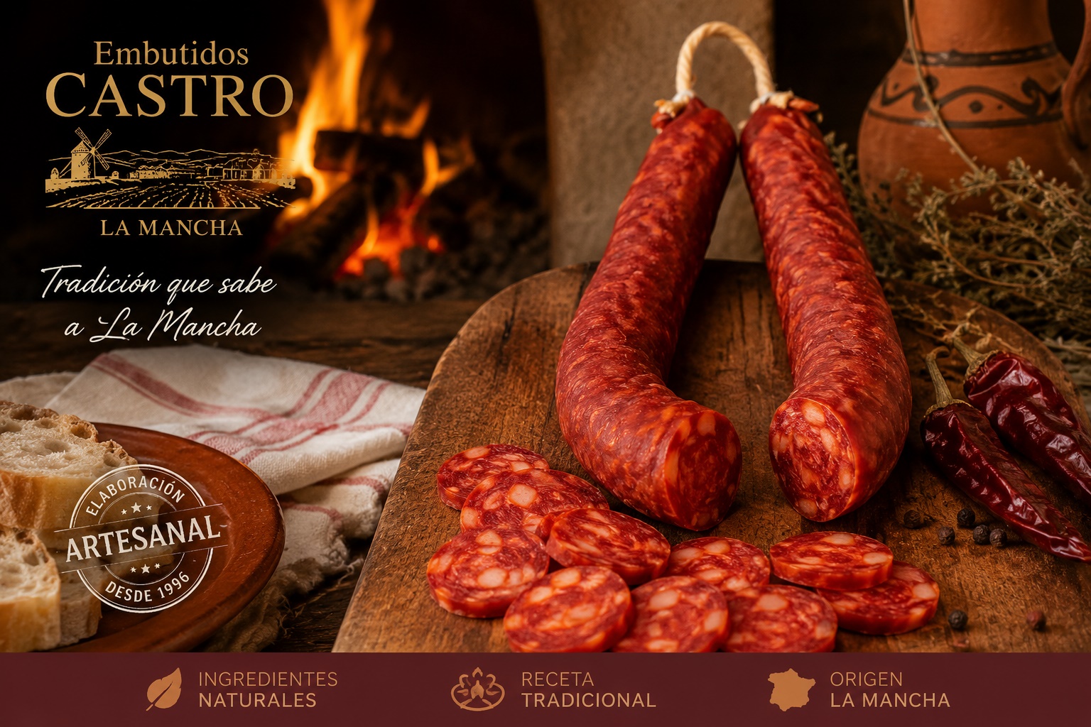 Chorizo manchego artesanal de Embutidos Castro presentado sobre tabla de madera en ambiente tradicional de La Mancha junto a chimenea, pan rústico y especias naturales.”