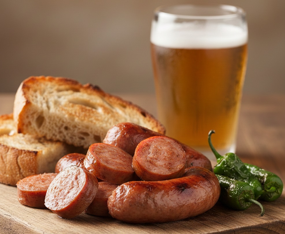 Chorizo criollo artesanal elaborado por Embutidos Castro, presentado en una tabla con pan, pimientos y vino tinto, ideal para maridajes y gastronomía tradicional manchega.