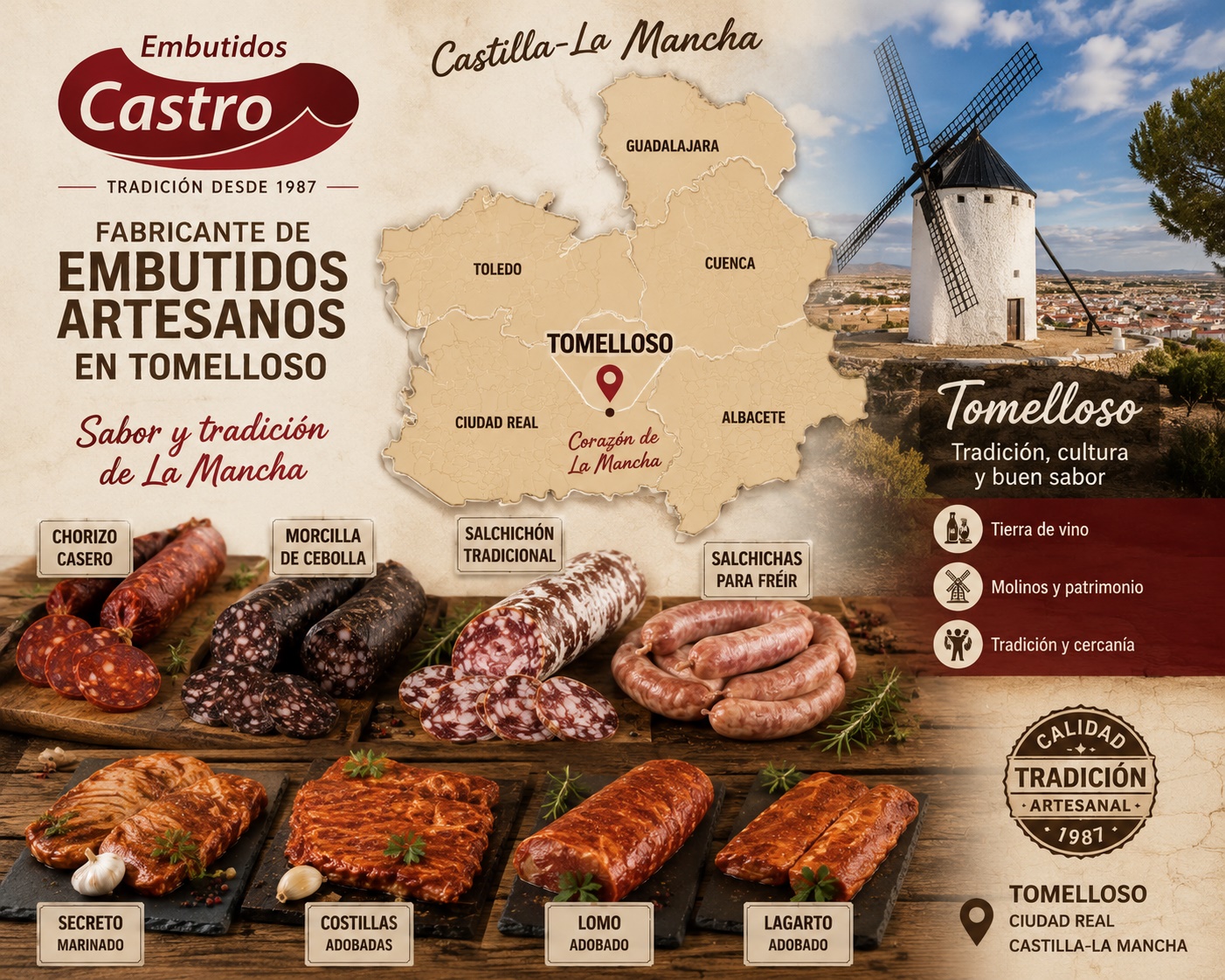 Fabricante de embutidos artesanos en Tomelloso, Ciudad Real. Mapa de Castilla-La Mancha con productos de Embutidos Castro como chorizo casero, morcilla de cebolla, salchichas para freír y adobados tradicionales.