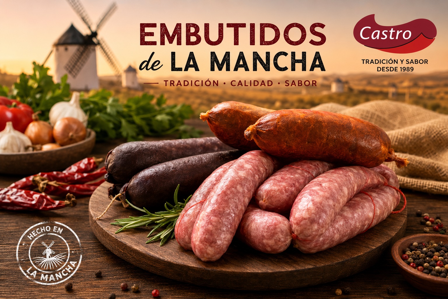 Embutidos de La Mancha elaborados por Embutidos Castro con chorizos, morcillas y salchichas tradicionales sobre una mesa rústica con molinos manchegos al fondo.