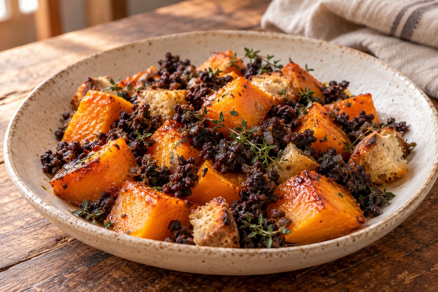 Calabaza asada con morcilla de cebolla, pan crujiente y tomillo en una fuente rústica.