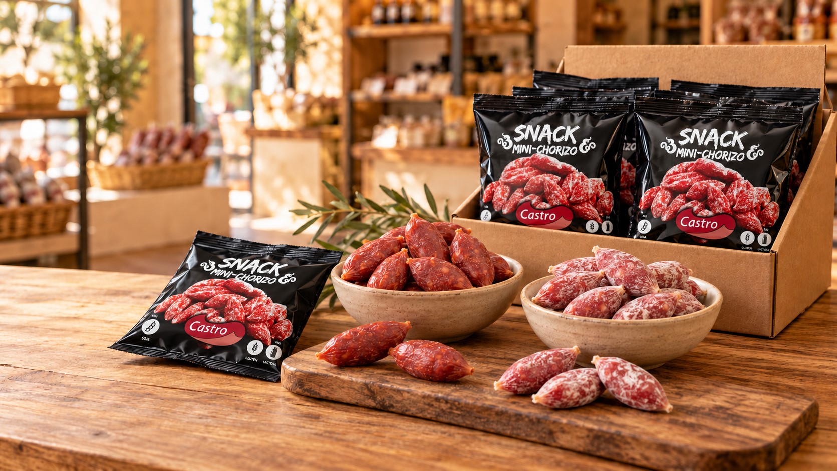 “Snacks de chorizo y fuet de Embutidos Castro elaborados en Tomelloso”.