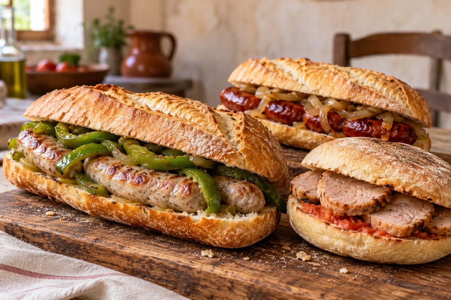 Bocadillos de longaniza con pimientos, chistorra con cebolla y lomo de orza con tomate sobre una tabla de madera.